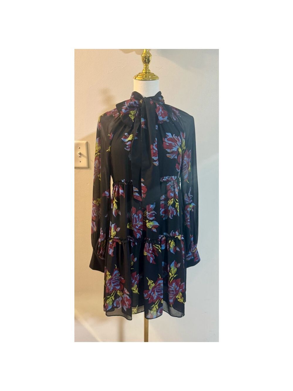 Cinq à Sept Revina Floral Print Mini Dress Black Size 0 Mock-neck Bow Key-hole - Picture 5 of 16
